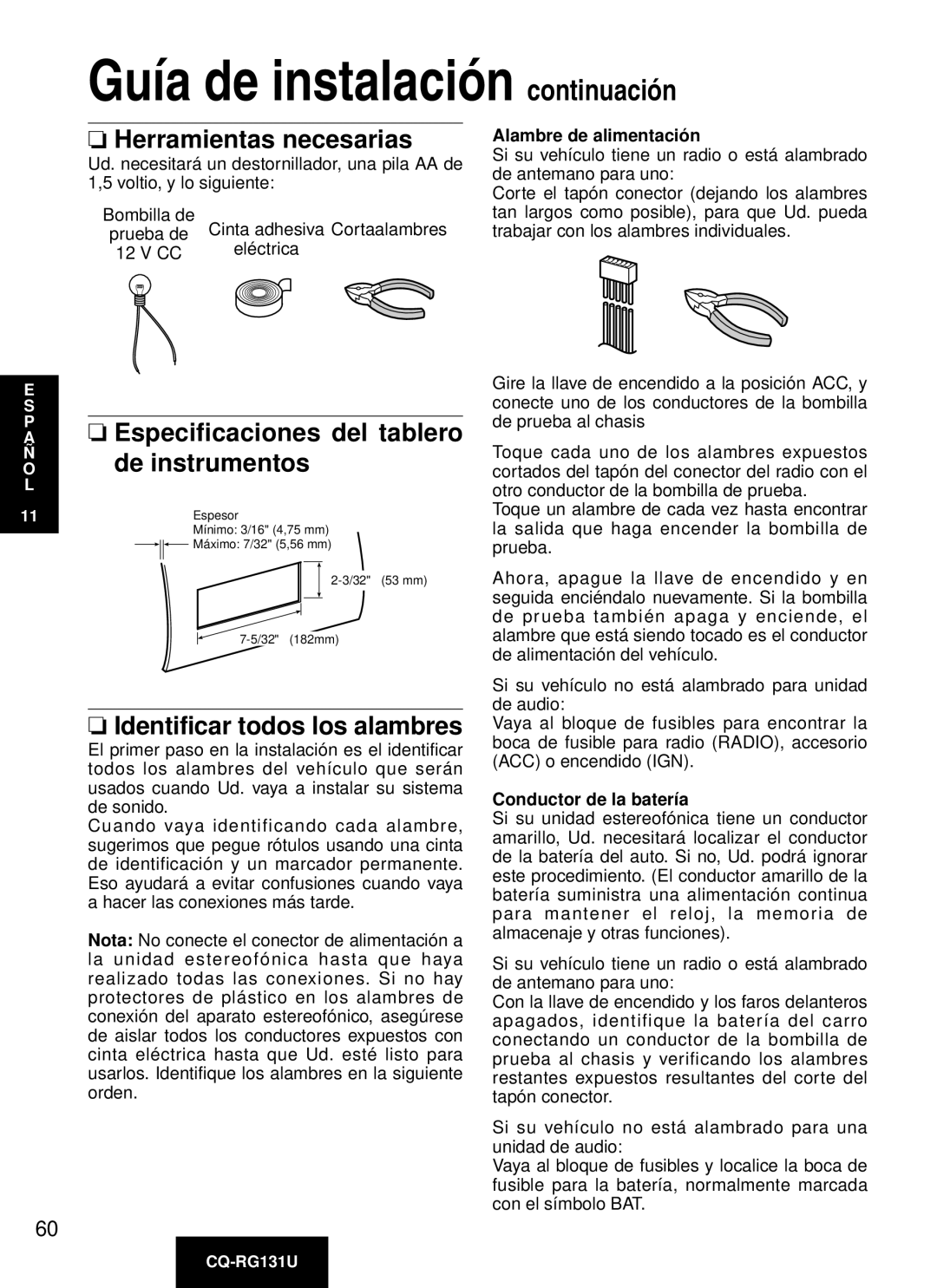 Panasonic CQ-RG131U manual Guía de instalación continuación, Herramientas necesarias, Identificar todos los alambres 