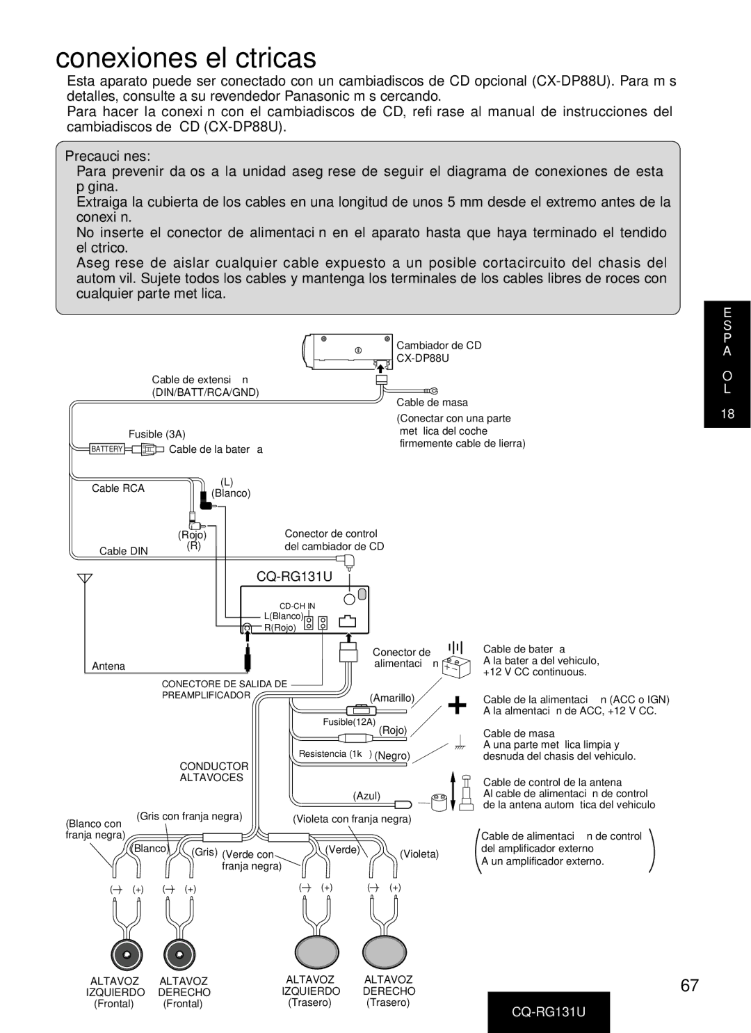 Panasonic CQ-RG131U manual Conexiones eléctricas, Precauciónes 