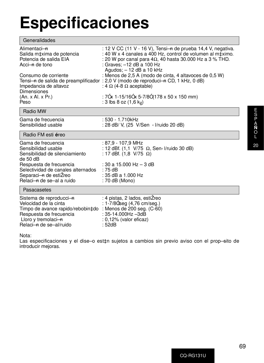 Panasonic CQ-RG131U manual Especificaciones, Generalidades, Radio MW, Radio FM estié reo, Pasacasetes 