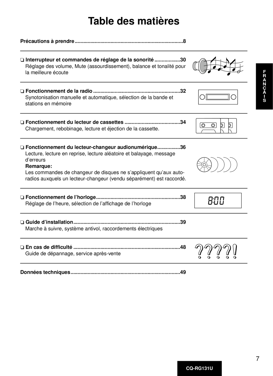 Panasonic CQ-RG131U manual Remarque, Guide d’installation, En cas de difficulté, Données techniques 