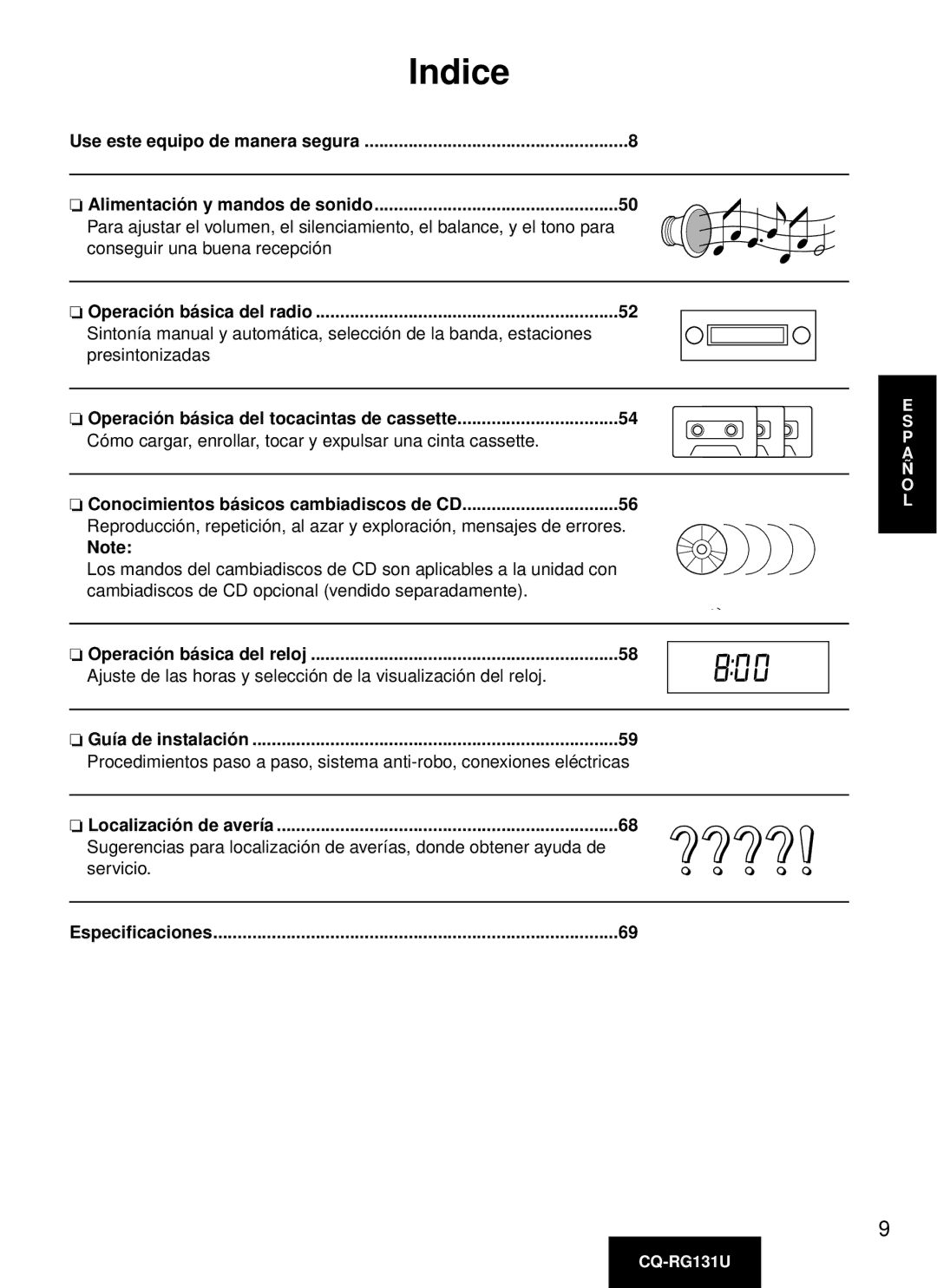 Panasonic CQ-RG131U manual Indice, Especificaciones 