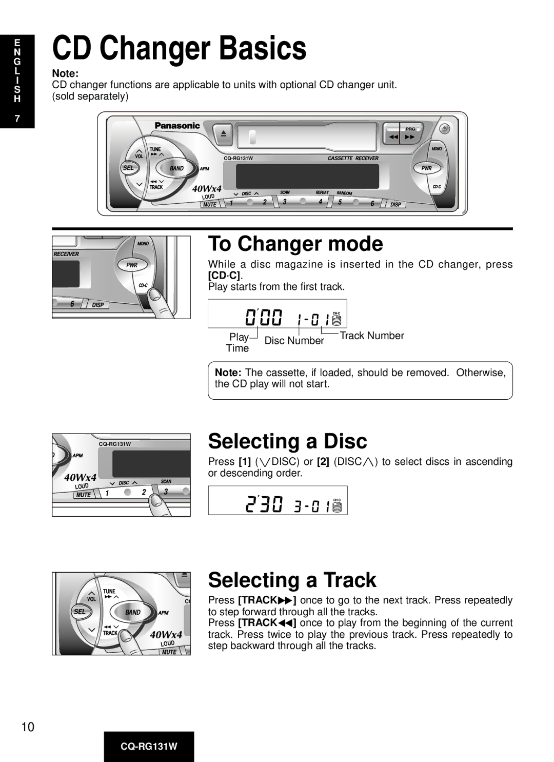 Panasonic CQ-RG131W manual CD Changer Basics, To Changer mode, Selecting a Disc, Selecting a Track 