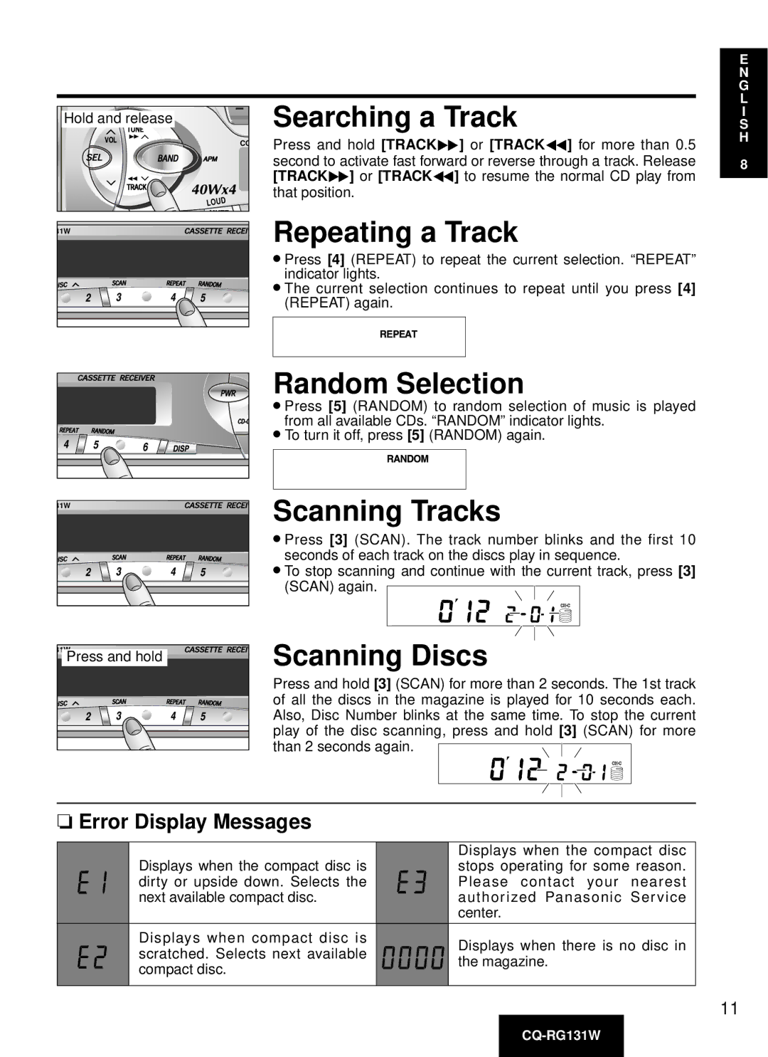 Panasonic CQ-RG131W manual Searching a Track, Repeating a Track, Random Selection, Scanning Tracks, Scanning Discs 