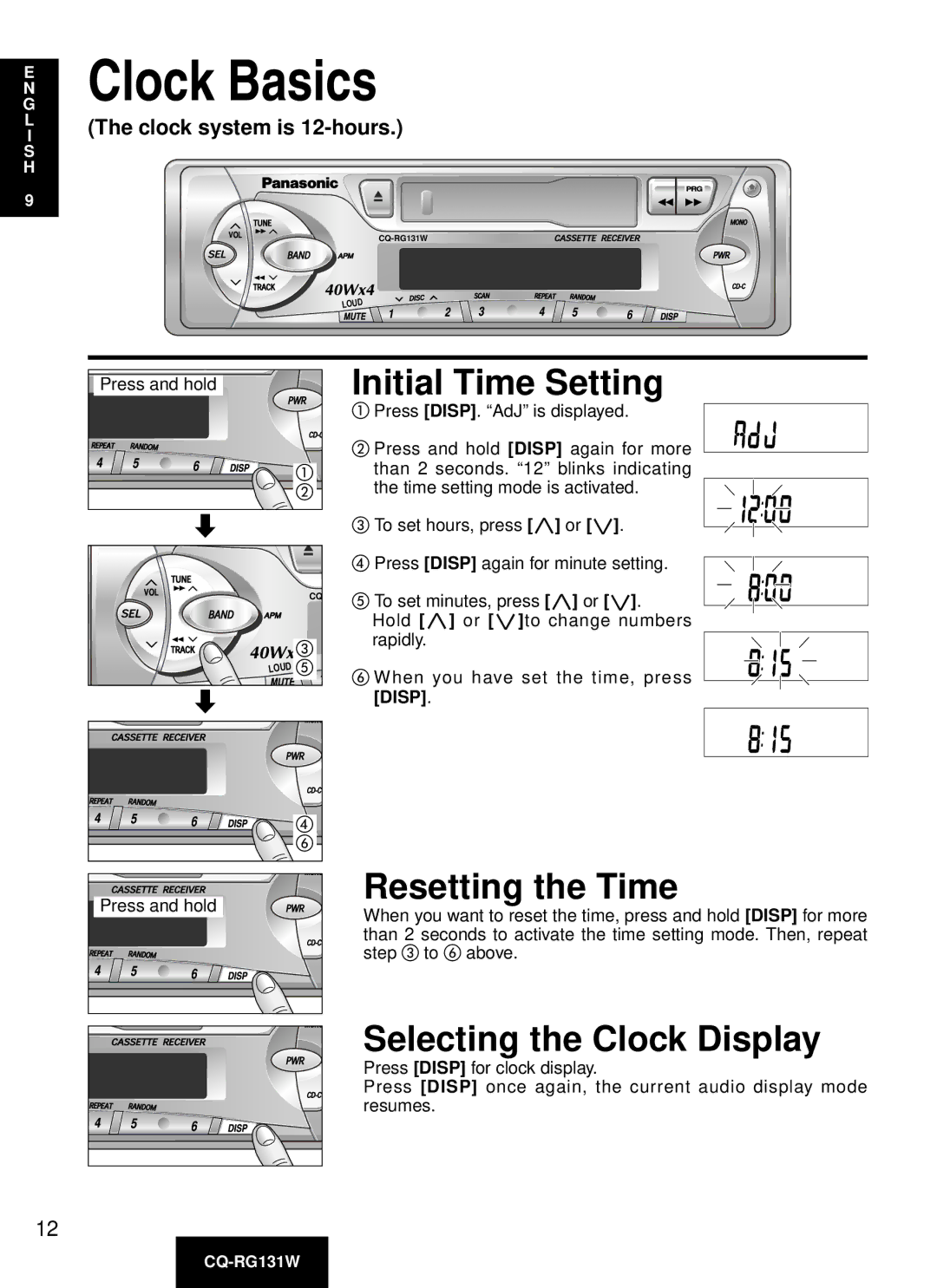 Panasonic CQ-RG131W manual Initial Time Setting, Resetting the Time, Selecting the Clock Display 