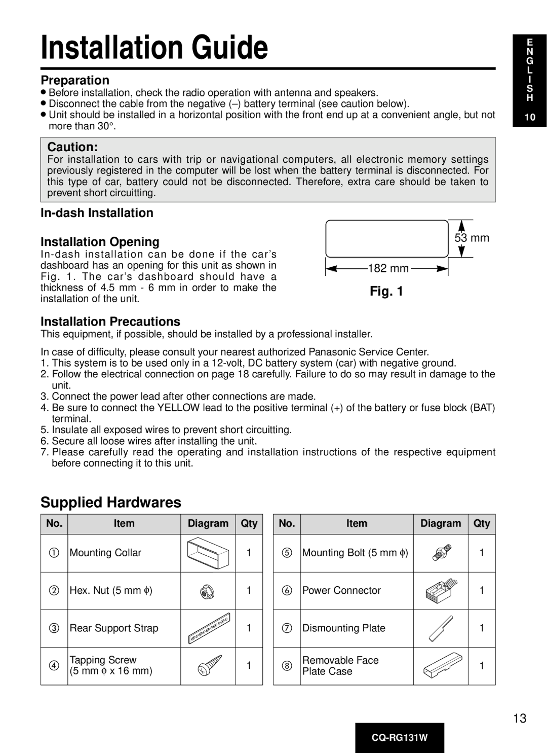 Panasonic CQ-RG131W manual Installation Guide, Preparation 