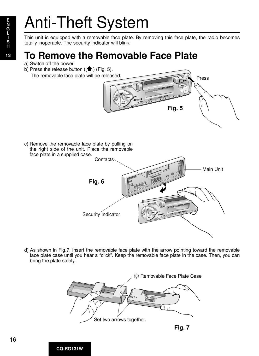 Panasonic CQ-RG131W manual Anti-Theft System, To Remove the Removable Face Plate 