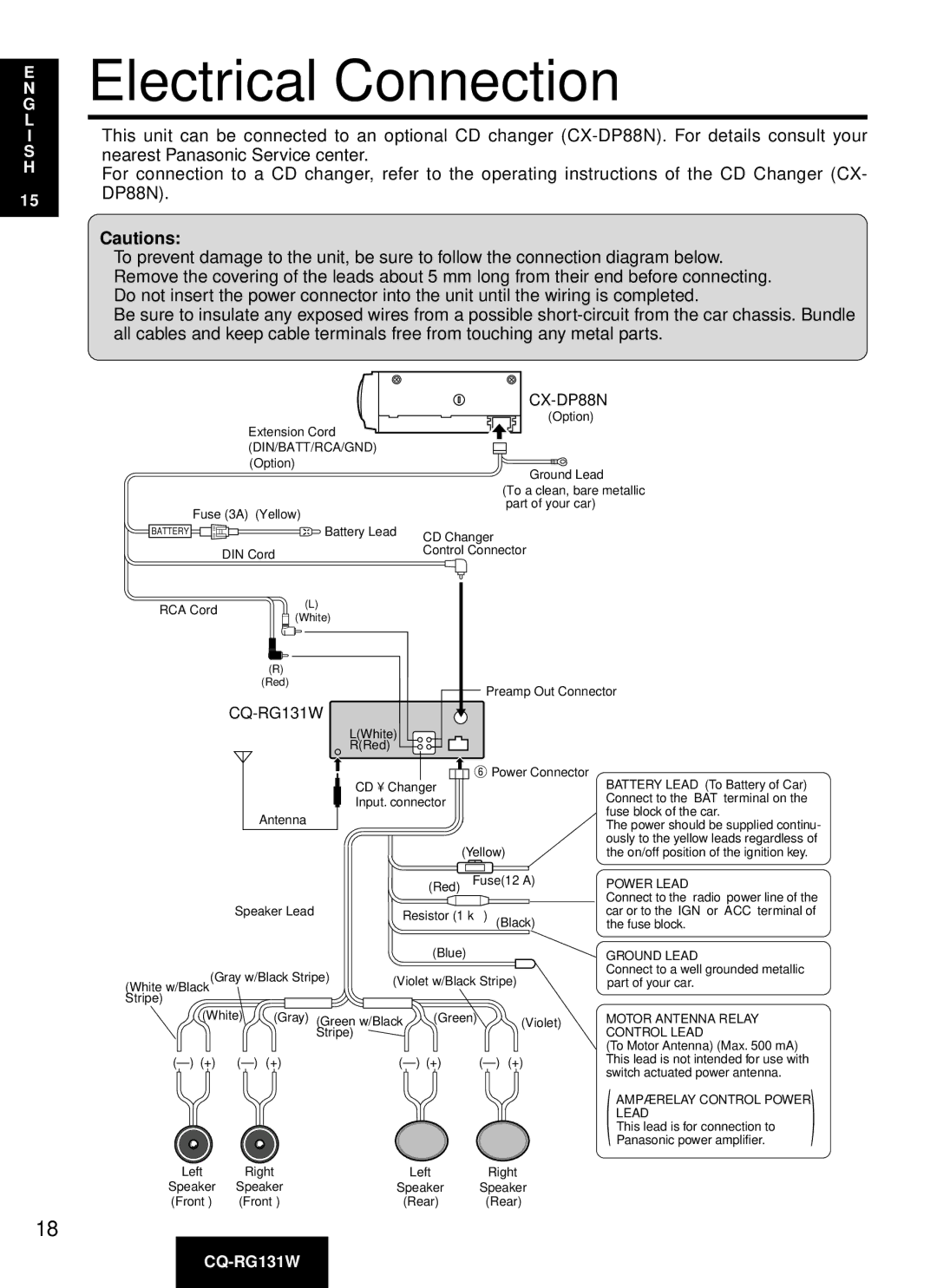 Panasonic CQ-RG131W manual Electrical Connection, CX-DP88N 