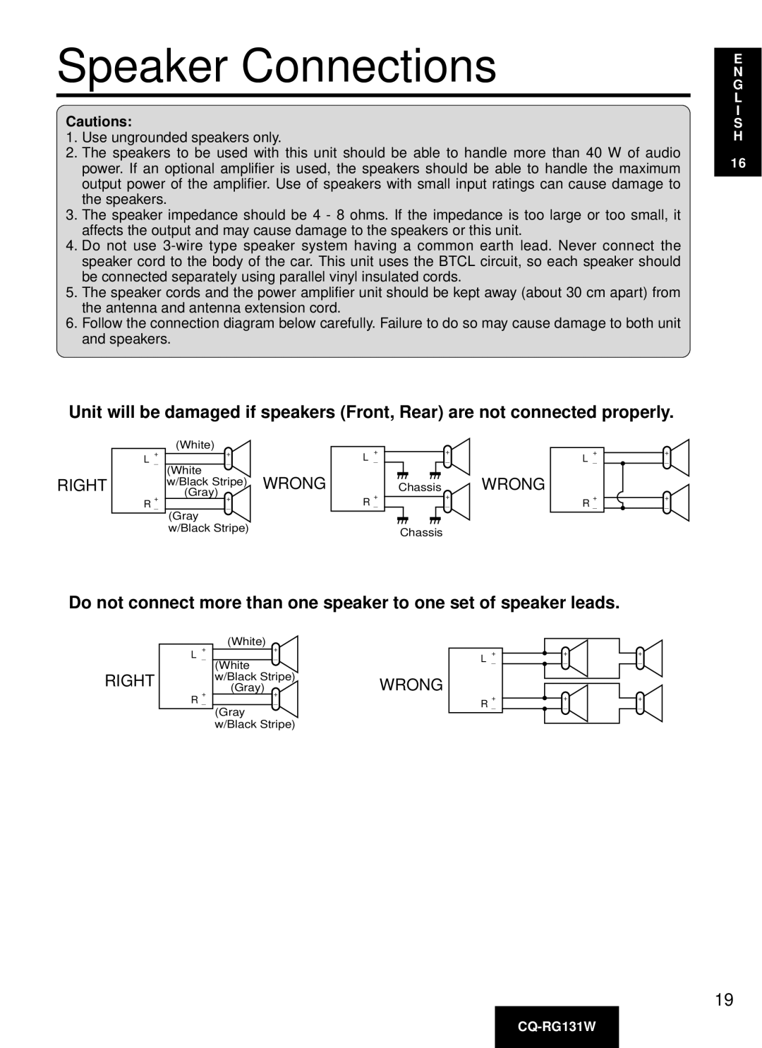 Panasonic CQ-RG131W manual Speaker Connections, Right 