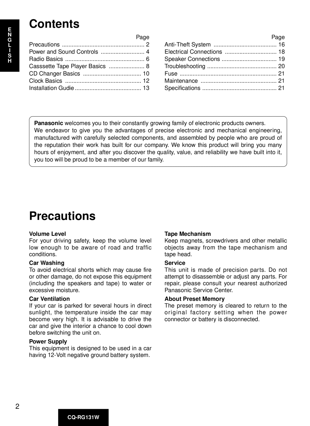 Panasonic CQ-RG131W manual Contents, Precautions 