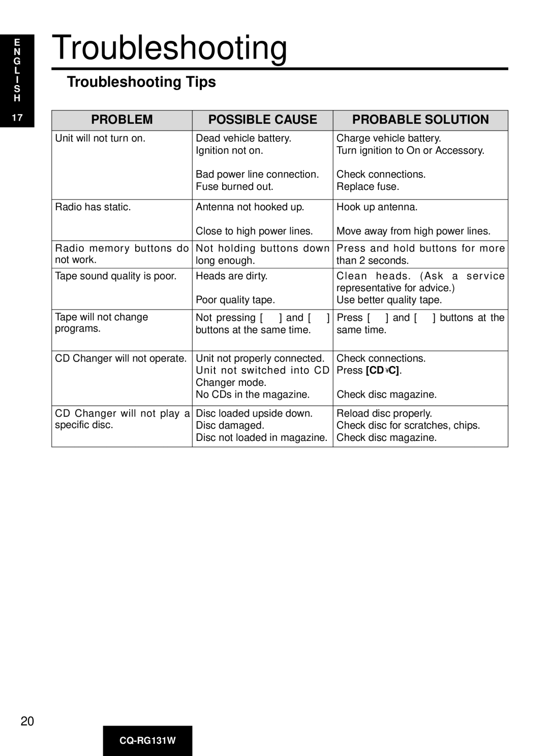 Panasonic CQ-RG131W manual Troubleshooting Tips 