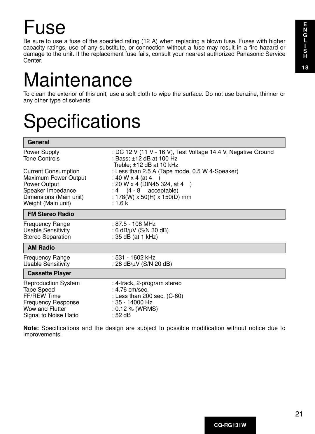 Panasonic CQ-RG131W manual Fuse, Maintenance, Specifications 