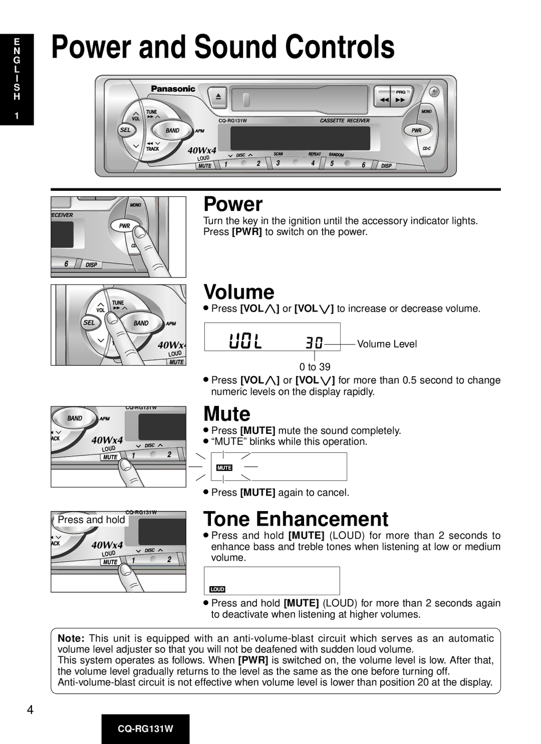 Panasonic CQ-RG131W manual Power and Sound Controls, Volume, Mute, Tone Enhancement 