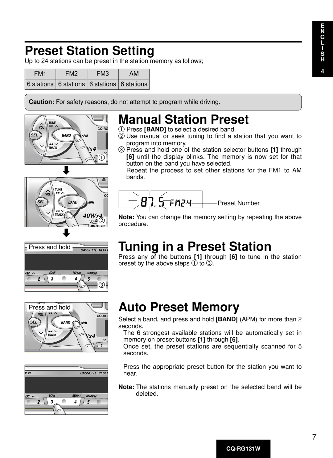 Panasonic CQ-RG131W manual Preset Station Setting, Manual Station Preset, Tuning in a Preset Station, Auto Preset Memory 