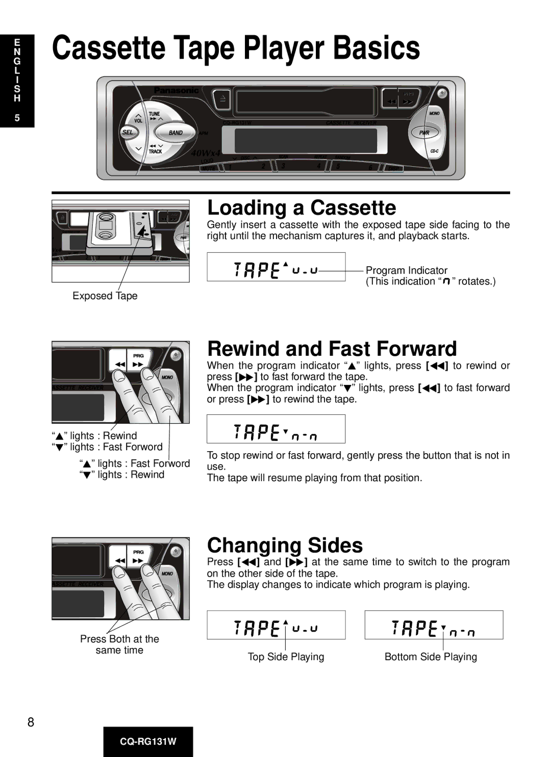 Panasonic CQ-RG131W manual Cassette Tape Player Basics, Loading a Cassette, Rewind and Fast Forward, Changing Sides 