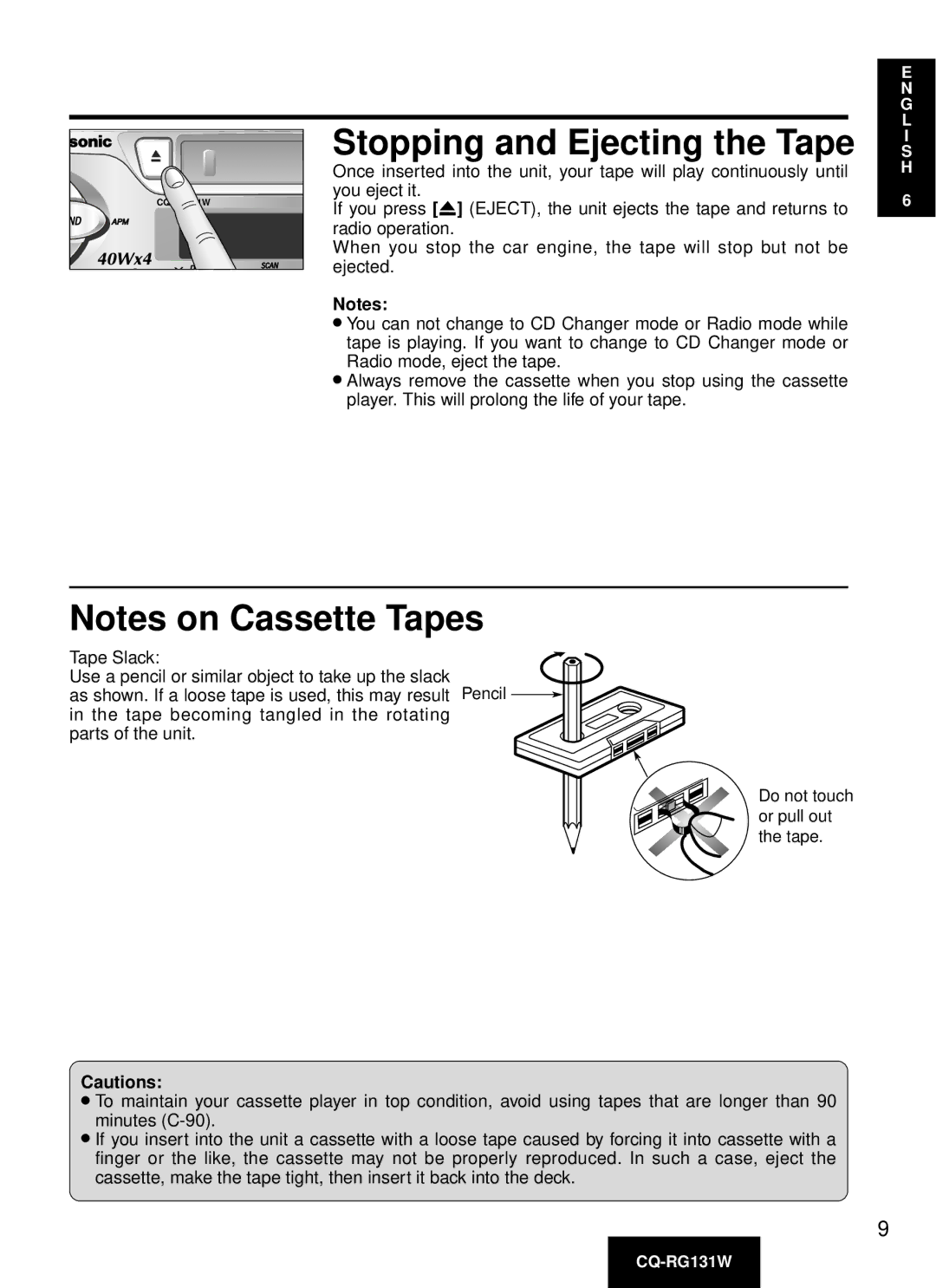 Panasonic CQ-RG131W manual Stopping and Ejecting the Tape 