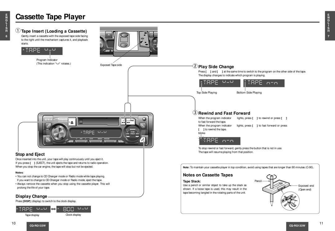 Panasonic CQ-RG133W manual WPlay Side Change, Rewind and Fast Forward, Stop and Eject, Display Change, Tape Slack 