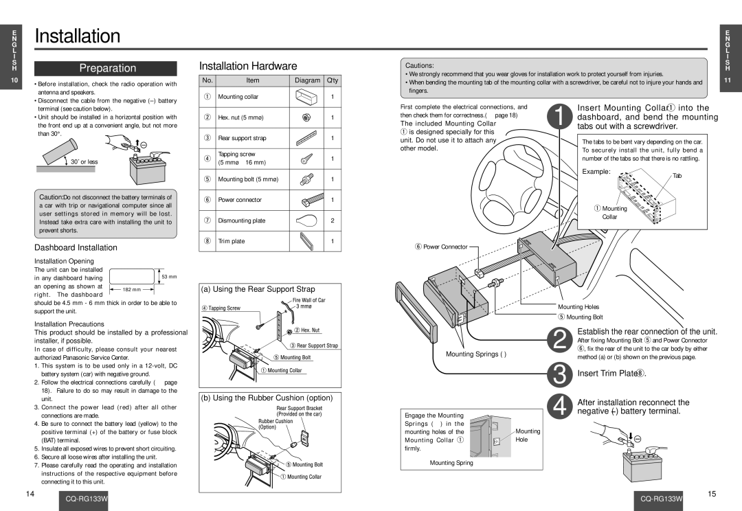 Panasonic CQ-RG133W manual Preparation, Installation Hardware, Dashboard Installation, Insert Trim Plate 