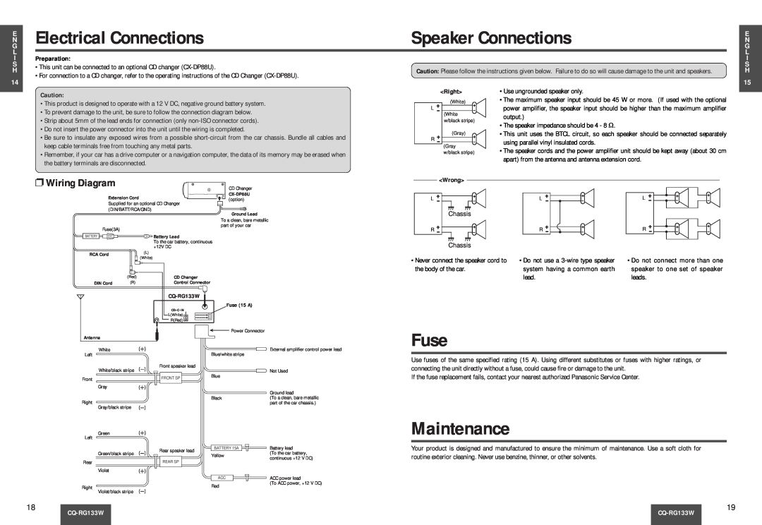 Panasonic CQ-RG133W manual Electrical Connections, Speaker Connections, Fuse, Maintenance, Wiring Diagram 