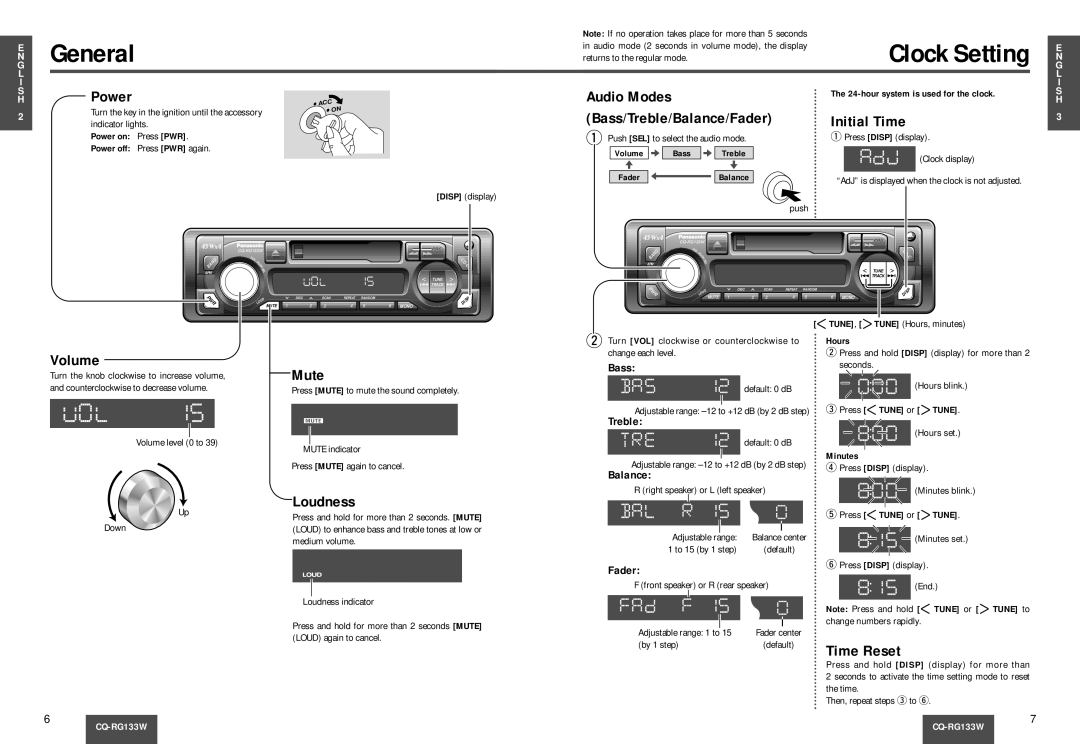 Panasonic CQ-RG133W manual General, Power, Initial Time, Bass/Treble/Balance/Fader, Volume, Mute, Loudness, Time Reset 