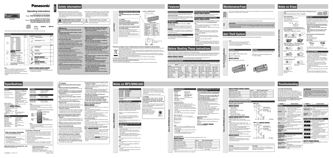 Panasonic CQ-RX200N operating instructions SQ Sound Quality, Expansion Module Hub Unit, Disc Insert, USB Connector, Common 