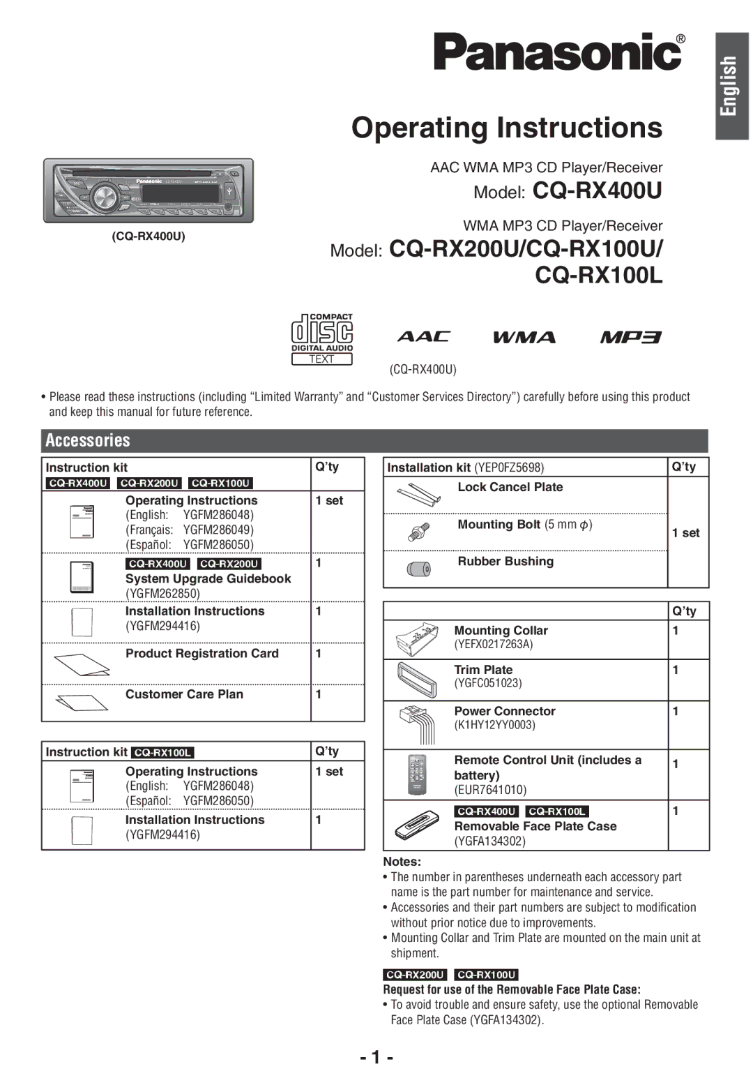 Panasonic CQ-RX100U, CQ-RX400U operating instructions Accessories, AAC WMA MP3 CD Player/Receiver 