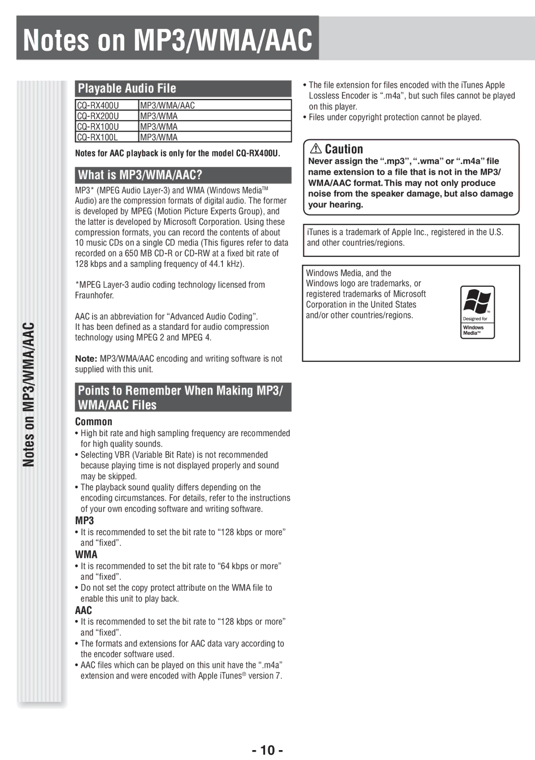 Panasonic CQ-RX400U, CQ-RX100U operating instructions Playable Audio File, What is MP3/WMA/AAC?, WMA/AAC Files, Common 