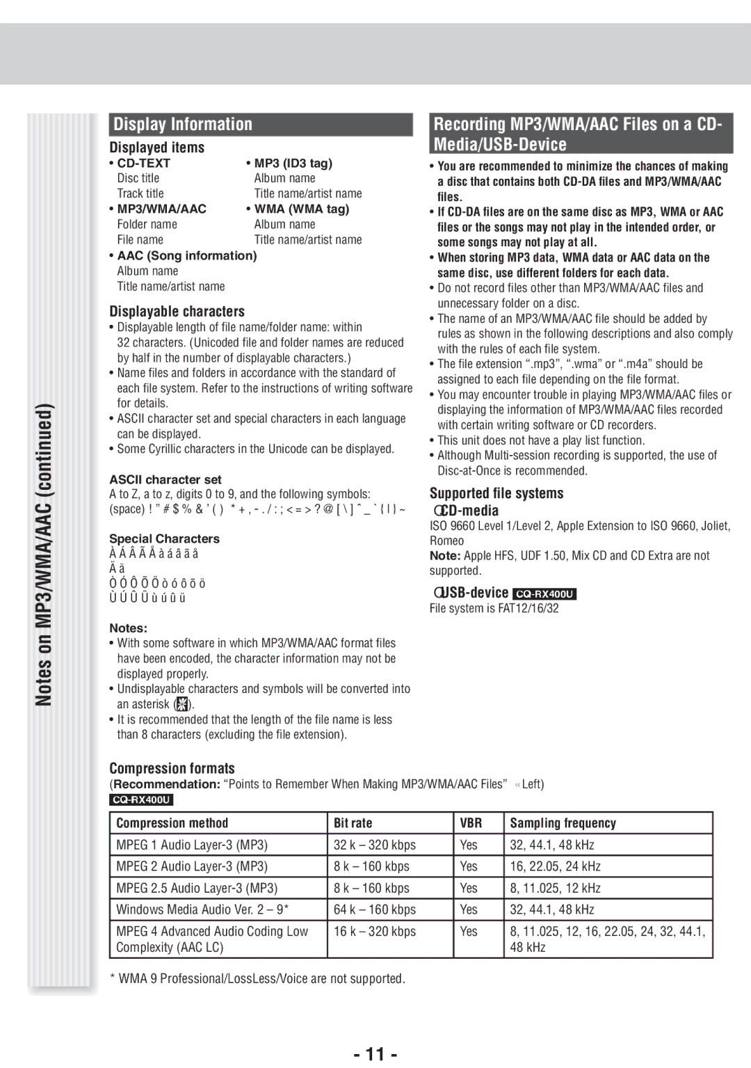 Panasonic CQ-RX100U, CQ-RX400U operating instructions Display Information, Media/USB-Device 