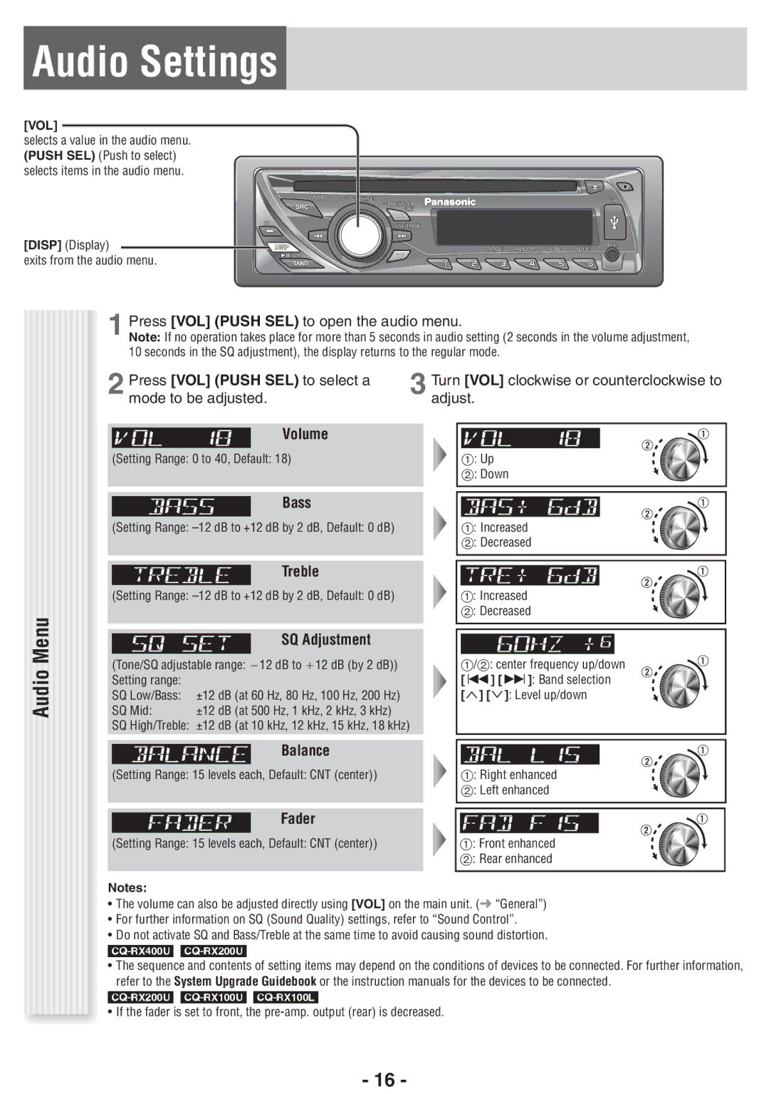 Panasonic CQ-RX400U, CQ-RX100U operating instructions Audio Settings 