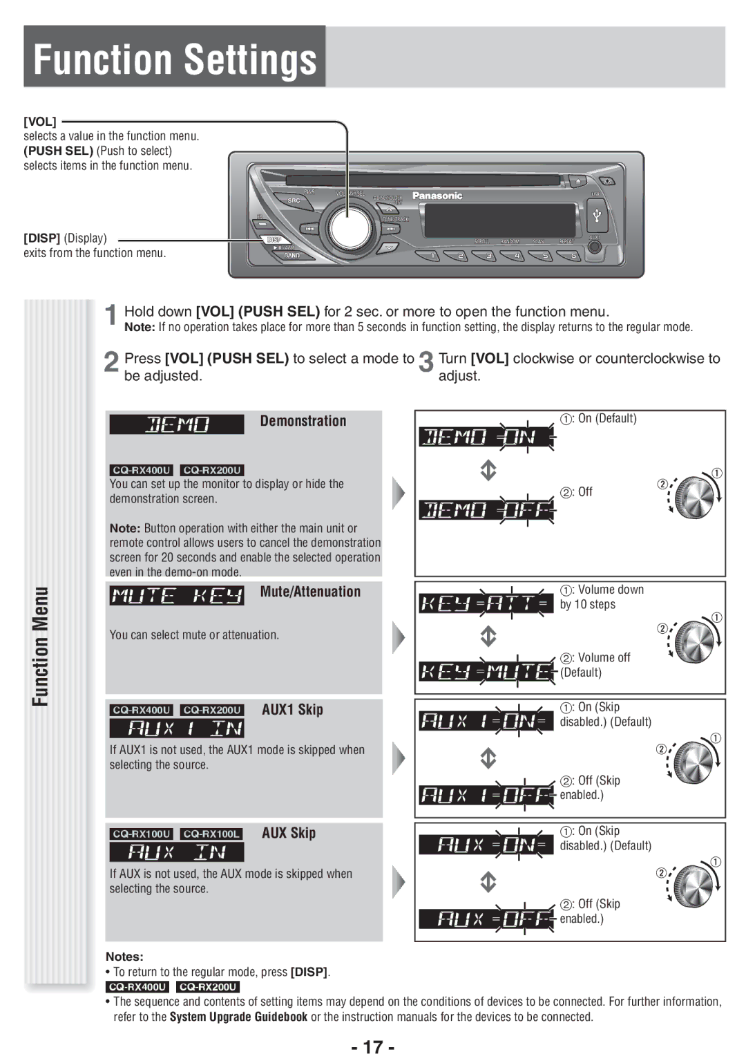 Panasonic CQ-RX100U, CQ-RX400U Function Settings, Demonstration, Mute/Attenuation, AUX1 Skip, AUX Skip 