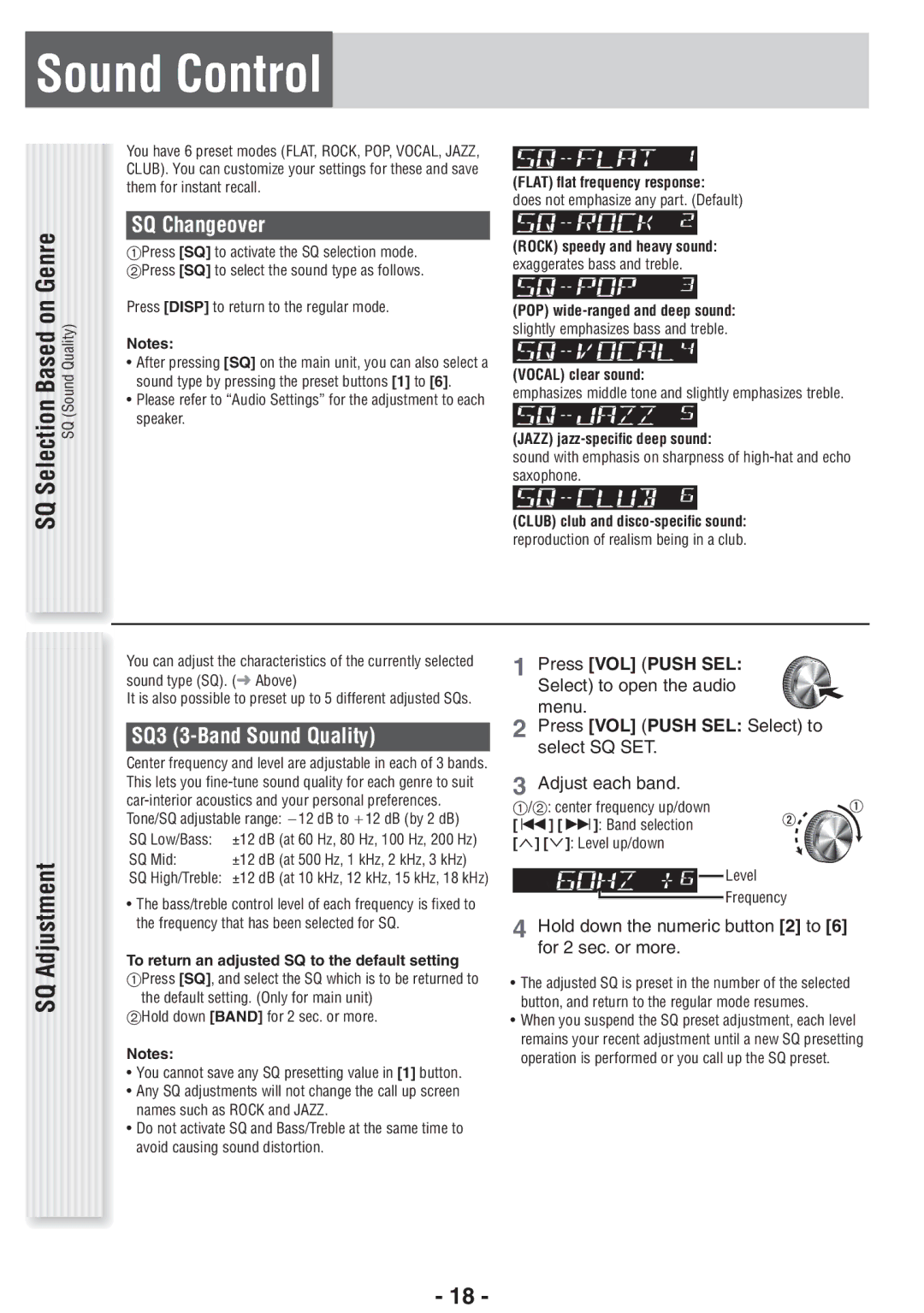 Panasonic CQ-RX400U, CQ-RX100U operating instructions Sound Control, SQ Adjustment, SQ Changeover, SQ3 3-Band Sound Quality 