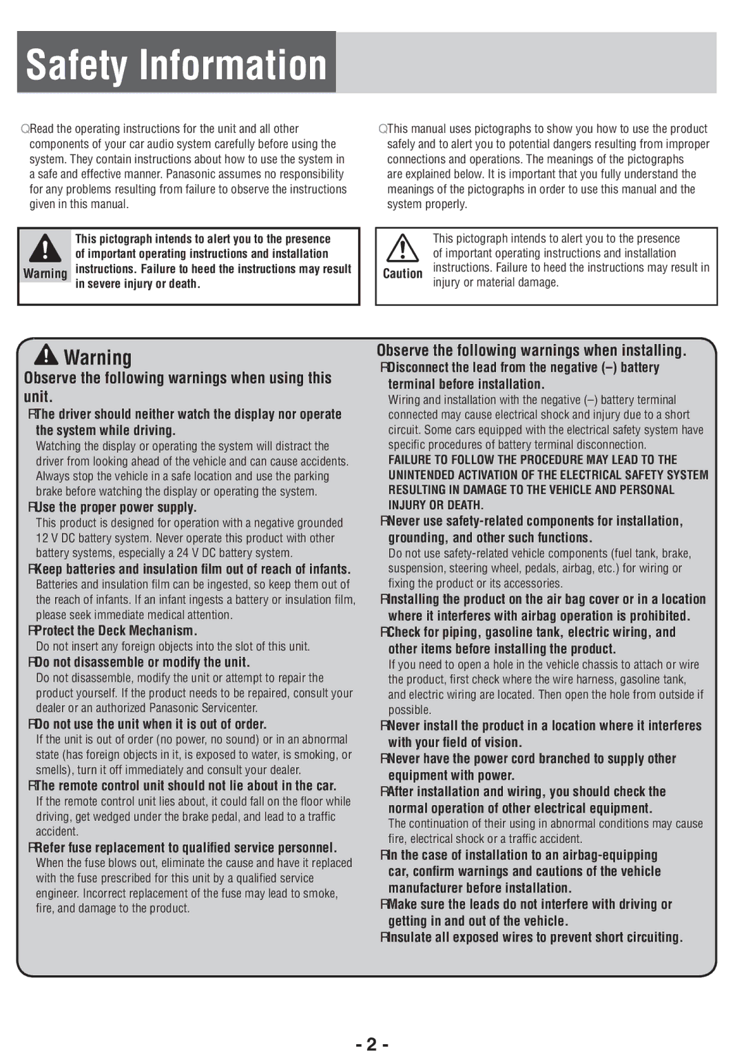 Panasonic CQ-RX400U, CQ-RX100U operating instructions RUse the proper power supply, RProtect the Deck Mechanism 