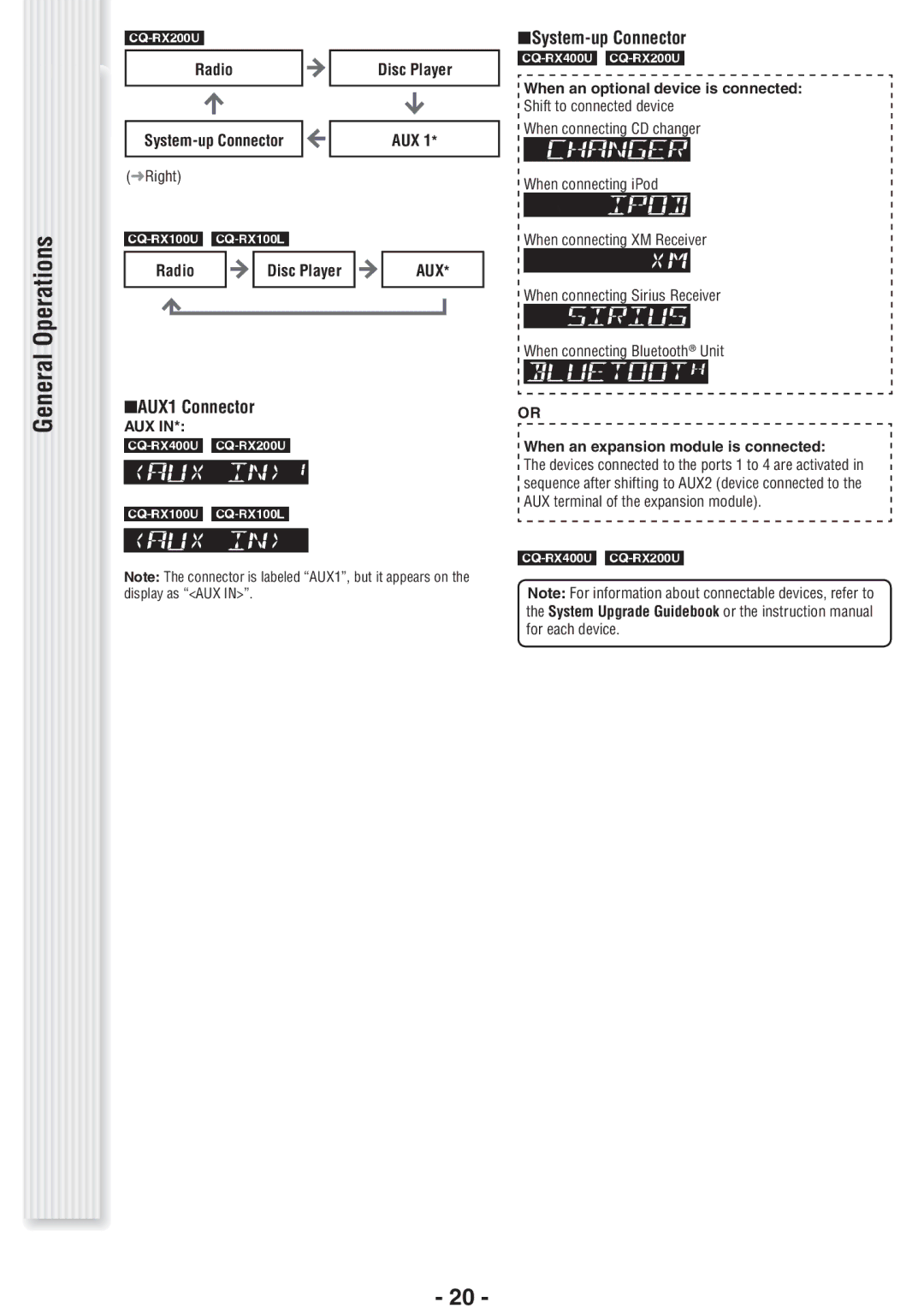 Panasonic CQ-RX400U, CQ-RX100U operating instructions General Operations, QAUX1 Connector, QSystem-up Connector, Aux 