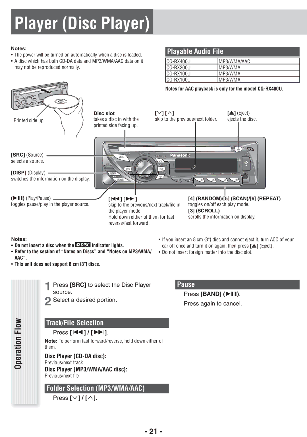 Panasonic CQ-RX100U Player Disc Player, Operation Flow, Track/File Selection, Folder Selection MP3/WMA/AAC, Pause 