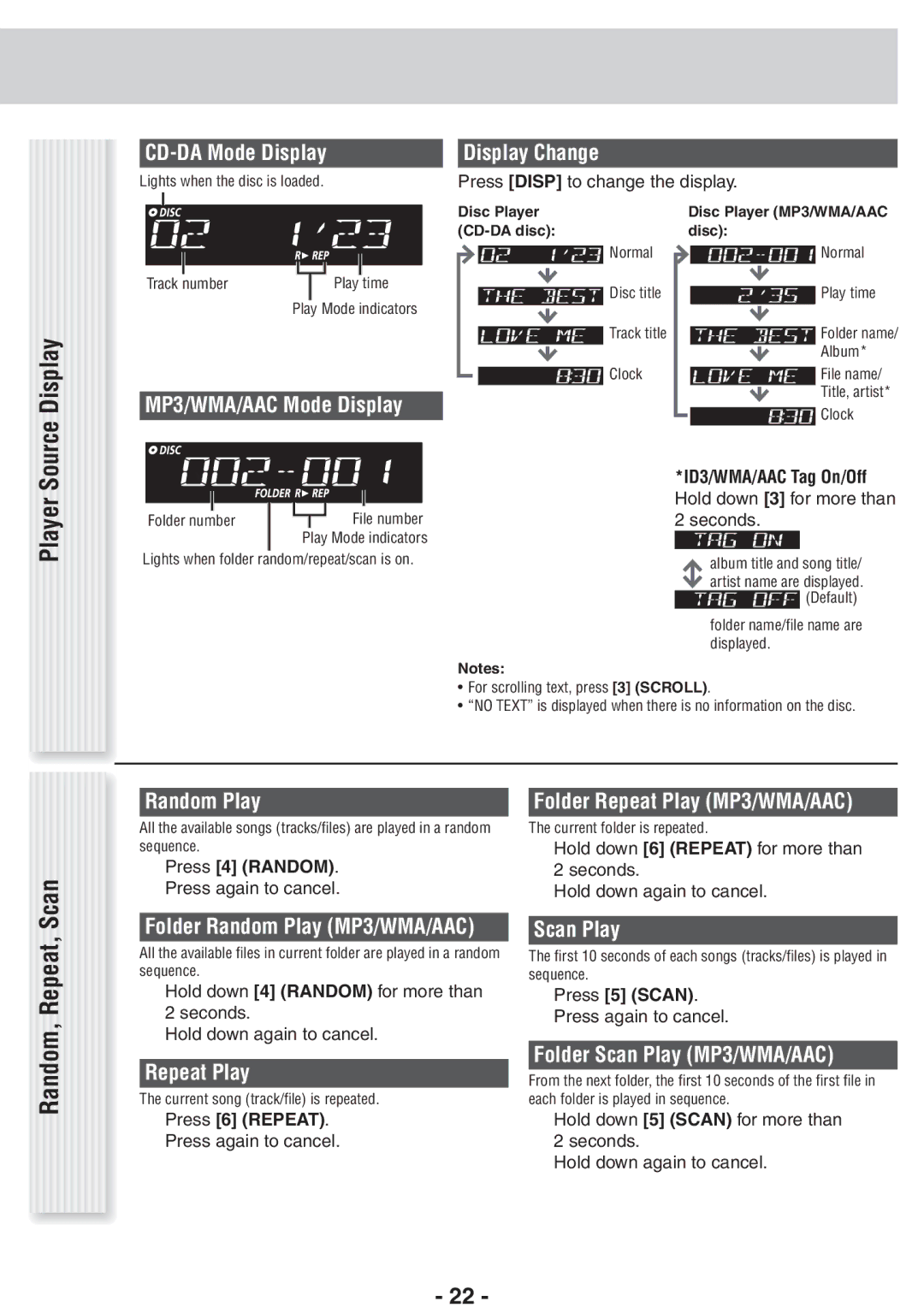 Panasonic CQ-RX400U, CQ-RX100U operating instructions Player Source Display, Scan 