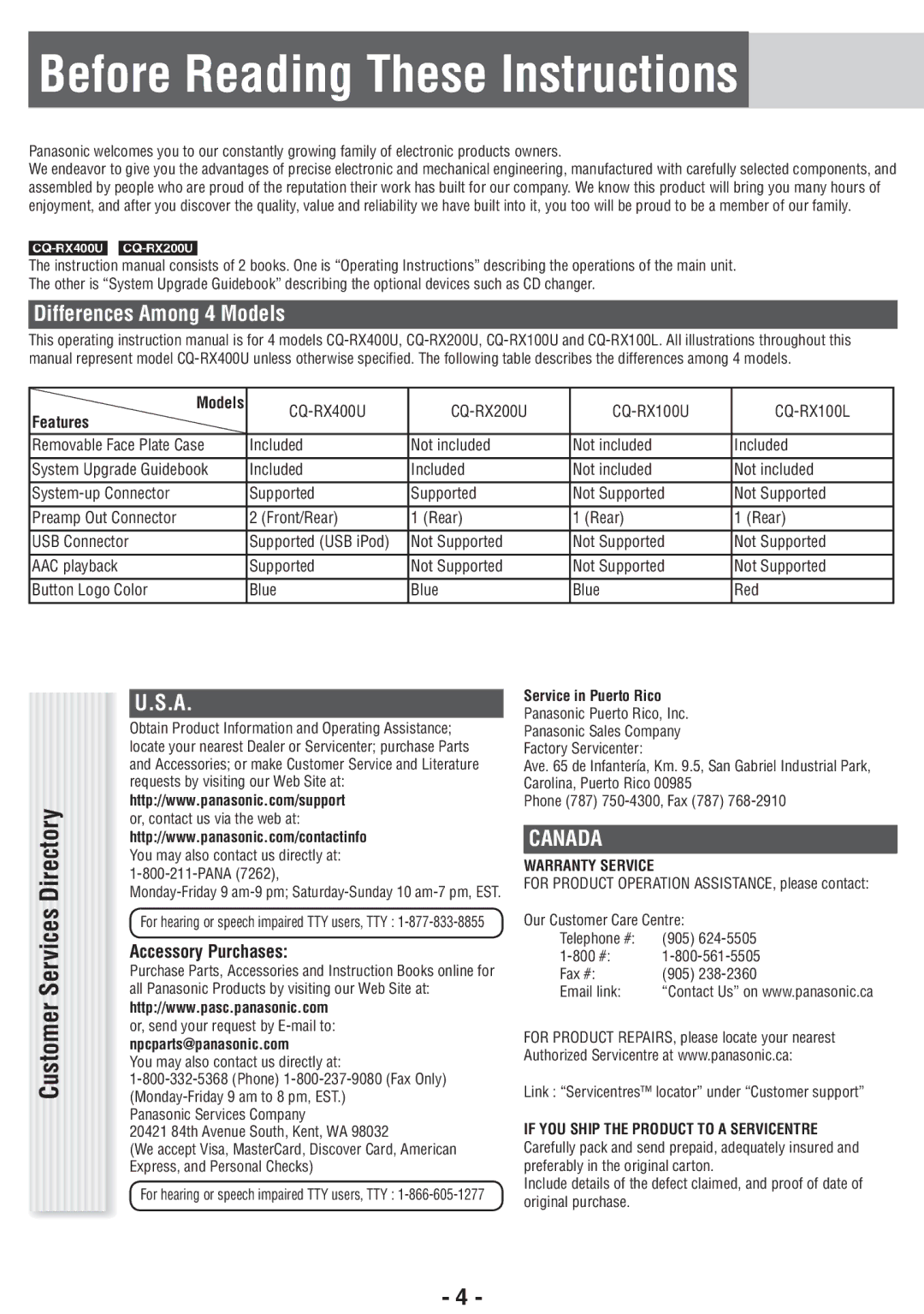 Panasonic CQ-RX400U Before Reading These Instructions, Differences Among 4 Models, Accessory Purchases, Features 