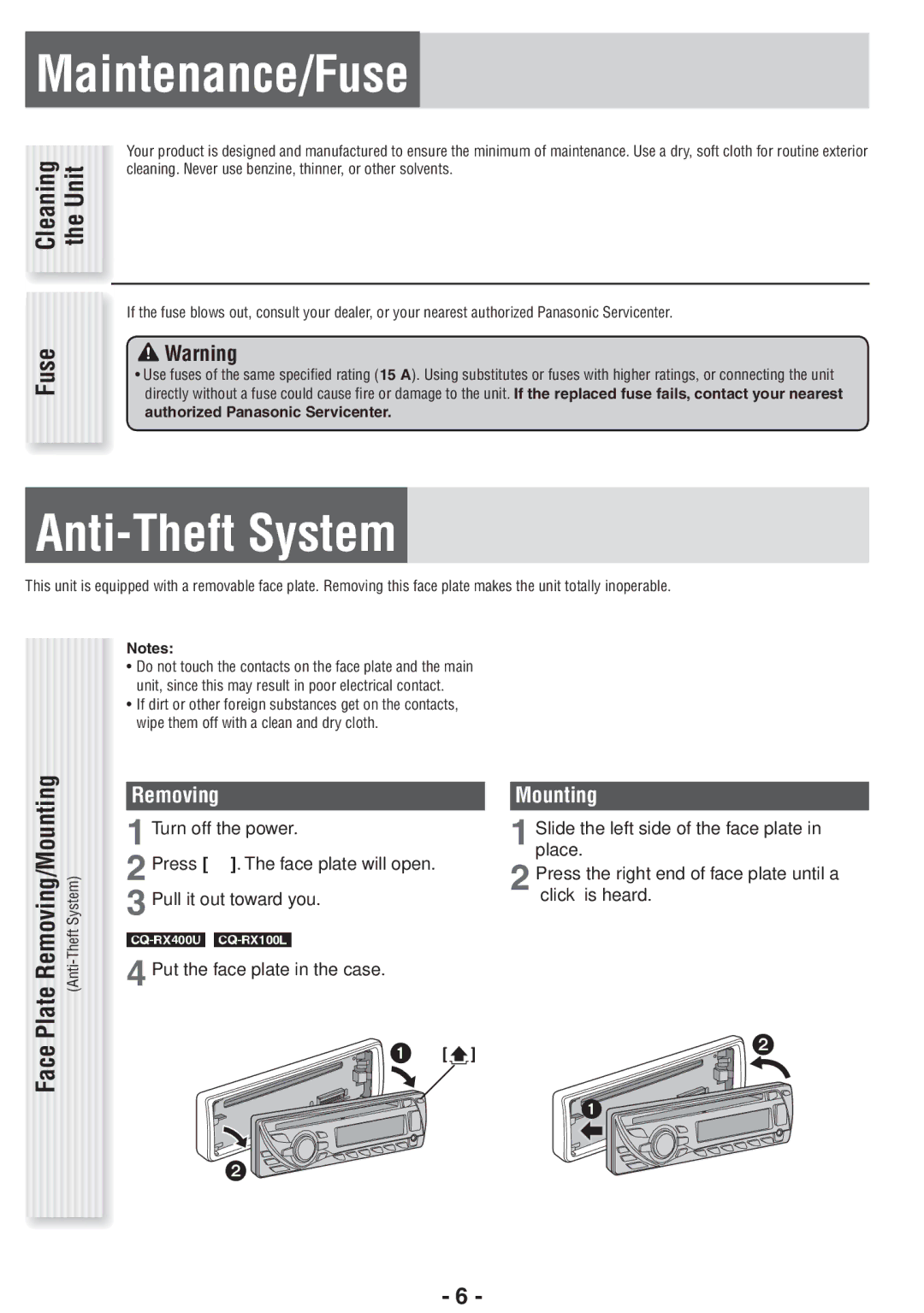 Panasonic CQ-RX400U, CQ-RX100U operating instructions Maintenance/Fuse, Anti-Theft System, Removing, Mounting 