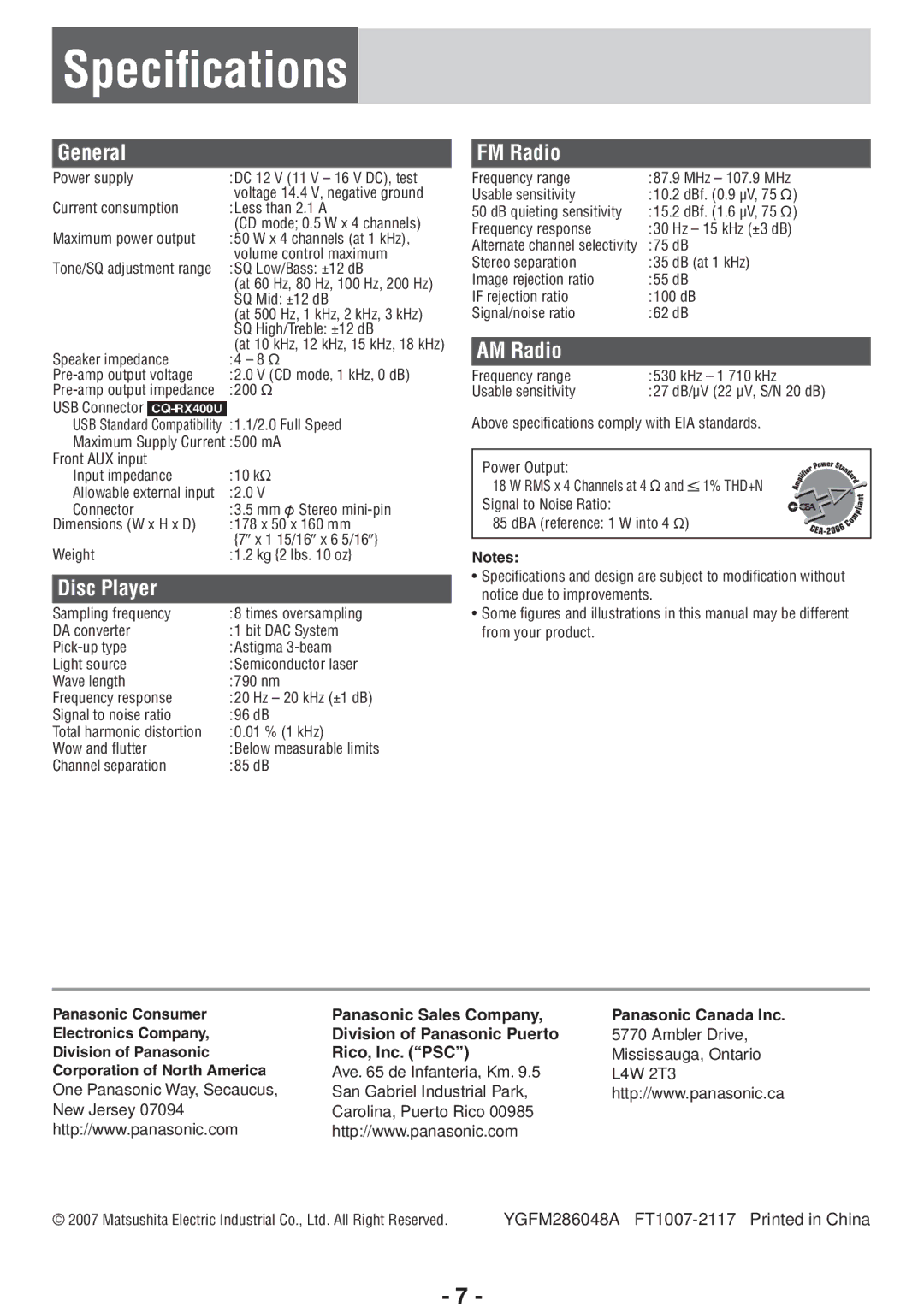 Panasonic CQ-RX100U, CQ-RX400U operating instructions Speciﬁcations, General, Disc Player, FM Radio, AM Radio 