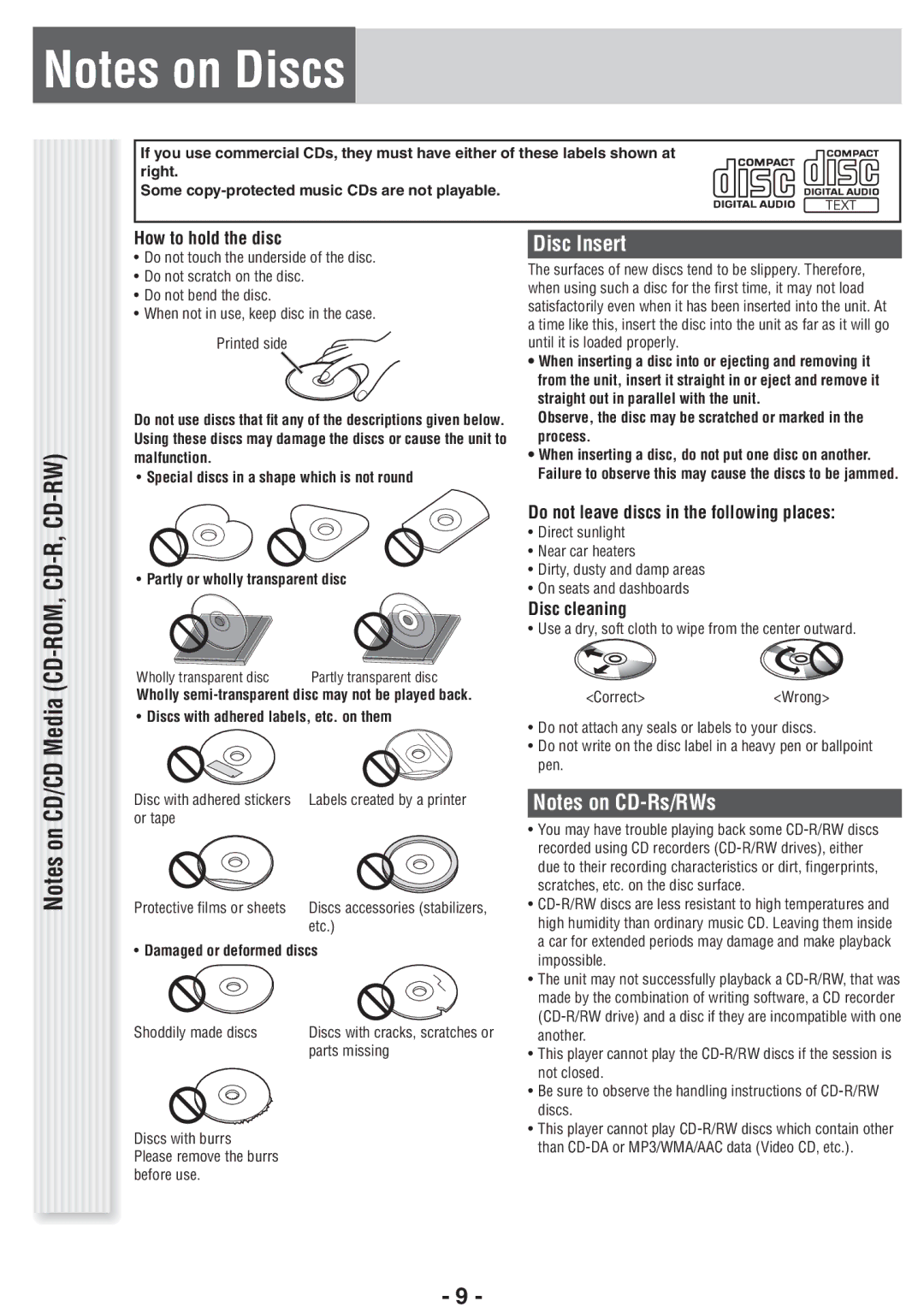 Panasonic CQ-RX100U Disc Insert, How to hold the disc, Do not leave discs in the following places, Disc cleaning 