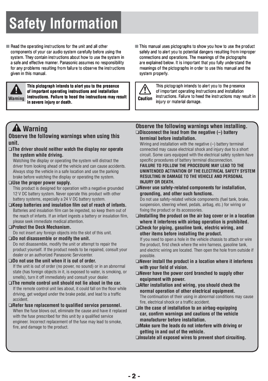 Panasonic CQ-RX400U Safety Information, Observe the following warnings when installing, RUse the proper power supply 