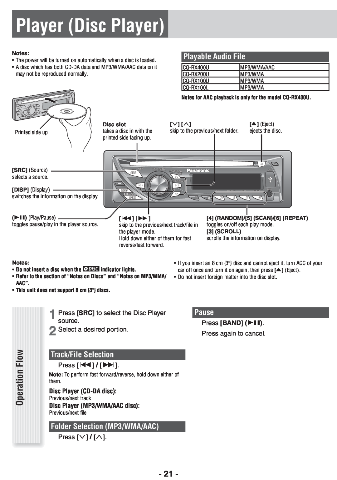 Panasonic CQ-RX100U Player Disc Player, Track/File Selection, Folder Selection MP3/WMA/AAC, Pause, Operation Flow, Eject 