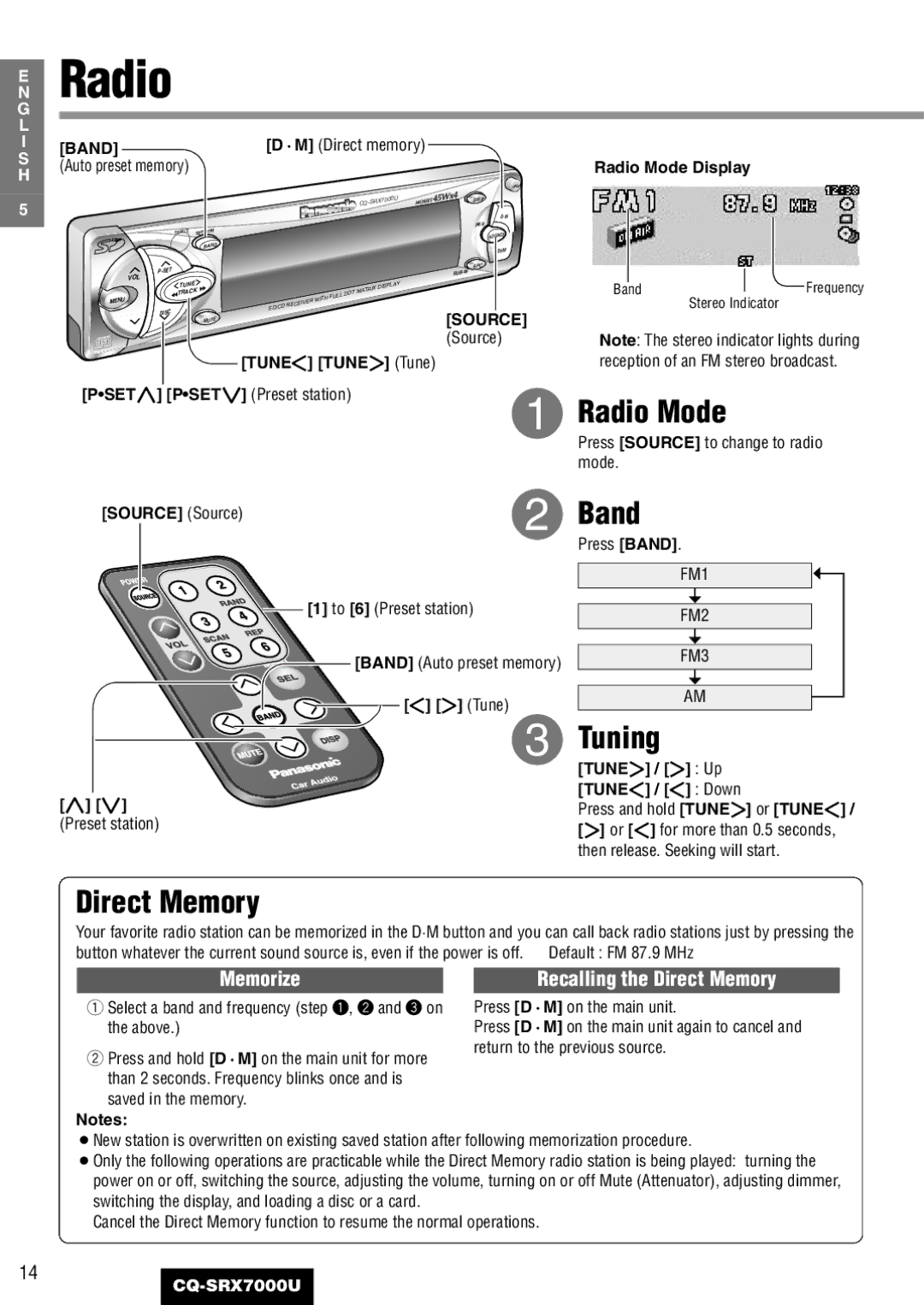 Panasonic CQ-SRX7000U manual Radio Mode, Band, Tuning, Direct Memory 