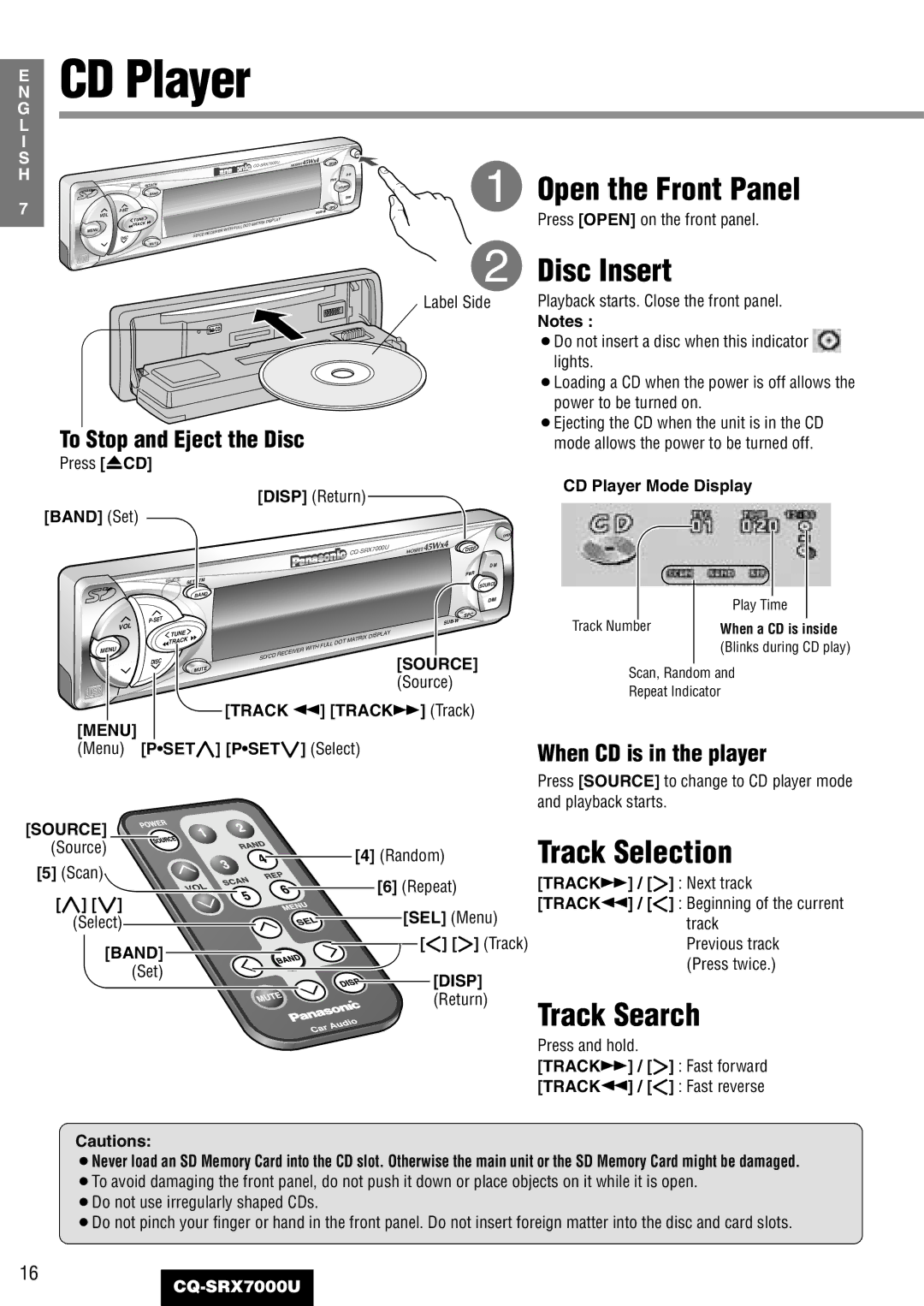 Panasonic CQ-SRX7000U manual Open the Front Panel, Disc Insert, Track Search, Track Selection 