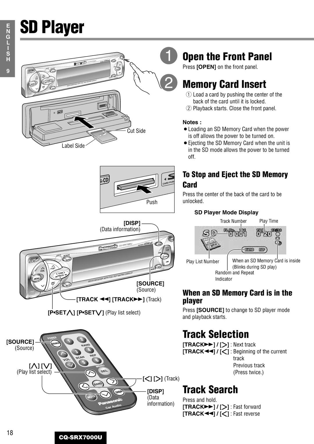 Panasonic CQ-SRX7000U manual Memory Card Insert, Track Selection, SD Player Mode Display 