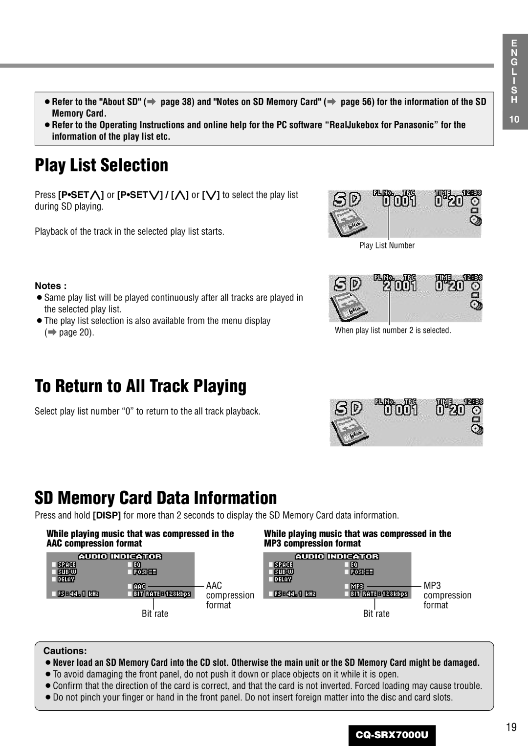 Panasonic CQ-SRX7000U Play List Selection, To Return to All Track Playing, SD Memory Card Data Information, Compression 