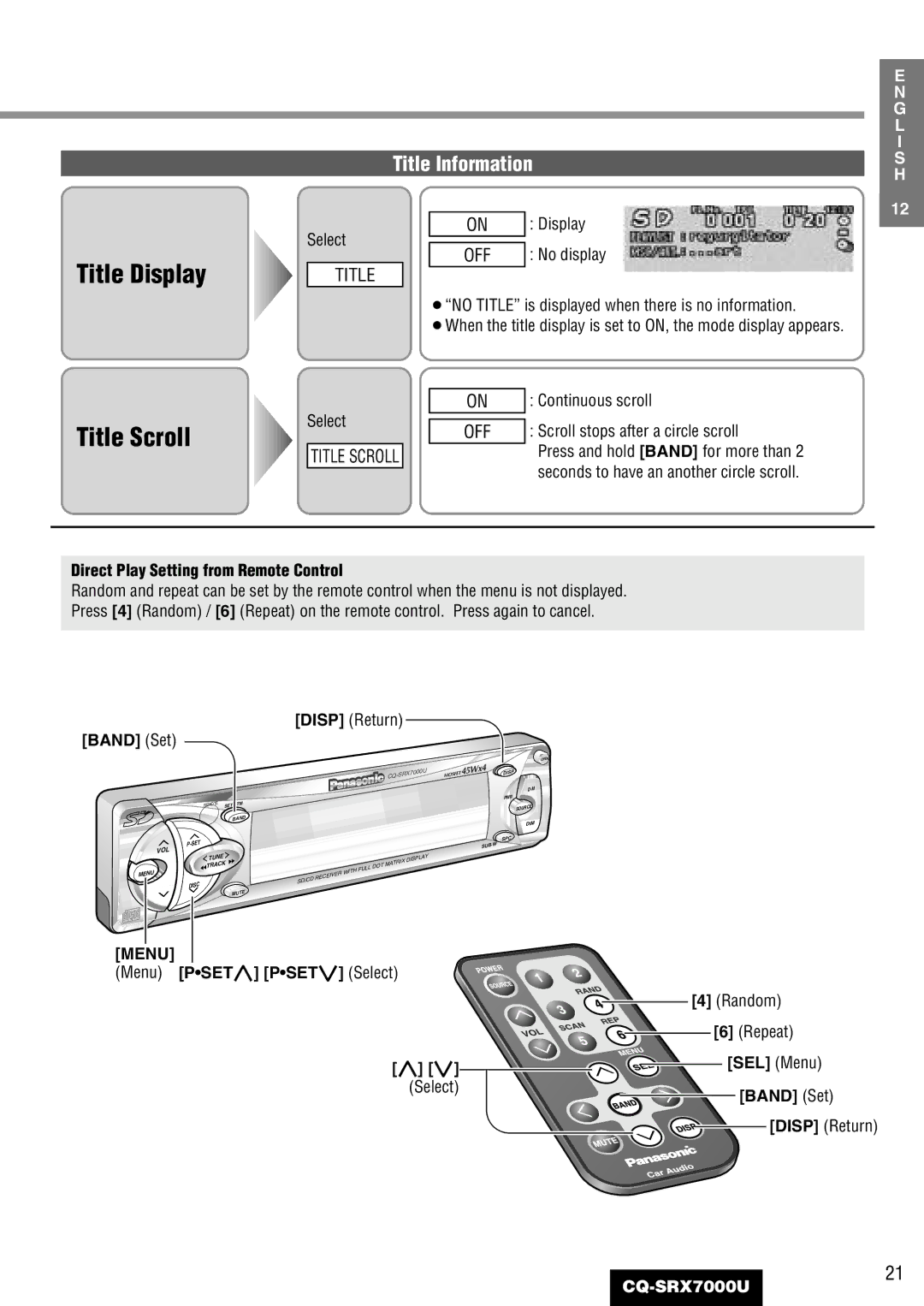 Panasonic CQ-SRX7000U manual Select Display, Menu Pset Pset Select Random Repeat SEL Menu Band Set 