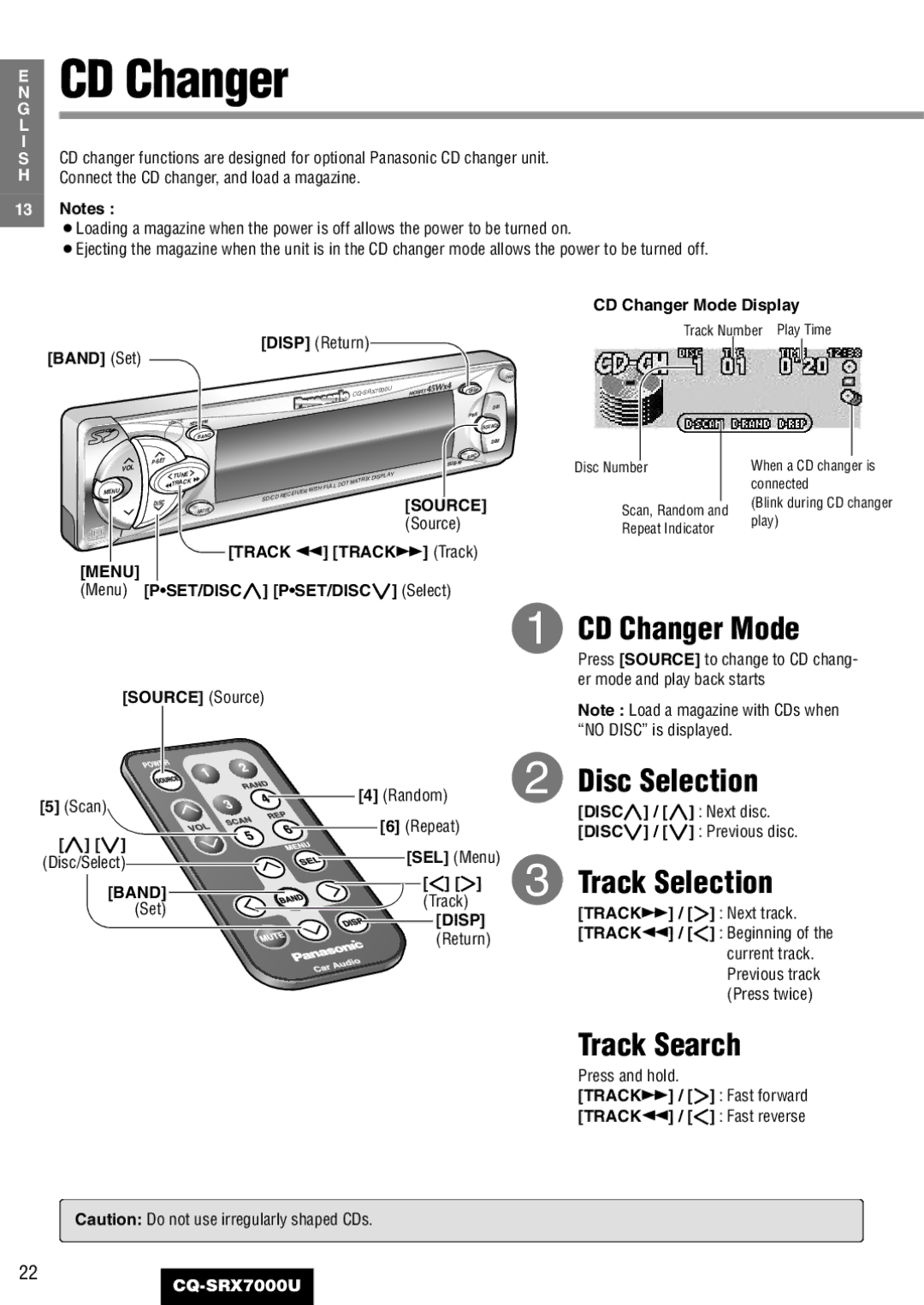 Panasonic CQ-SRX7000U manual CD Changer Mode, Disc Selection 