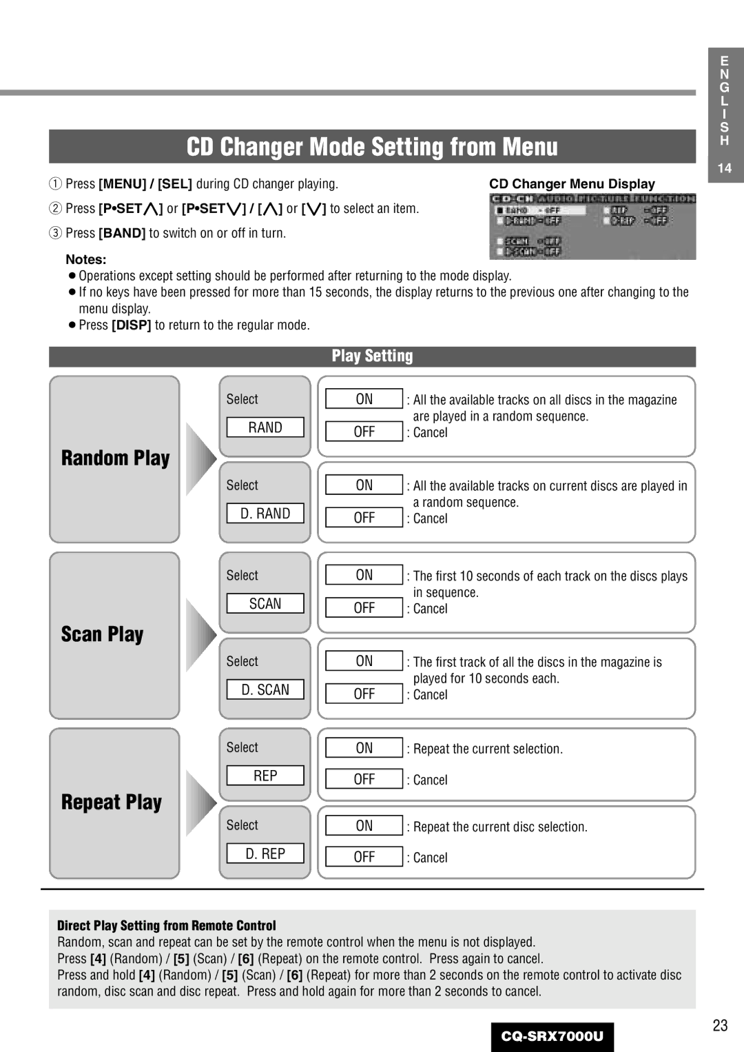 Panasonic CQ-SRX7000U manual Press Menu / SEL during CD changer playing, CD Changer Menu Display 