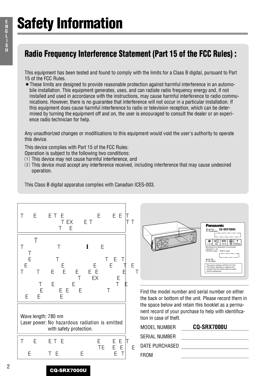 Panasonic CQ-SRX7000U manual Safety Information, Applies only in U.S.A 