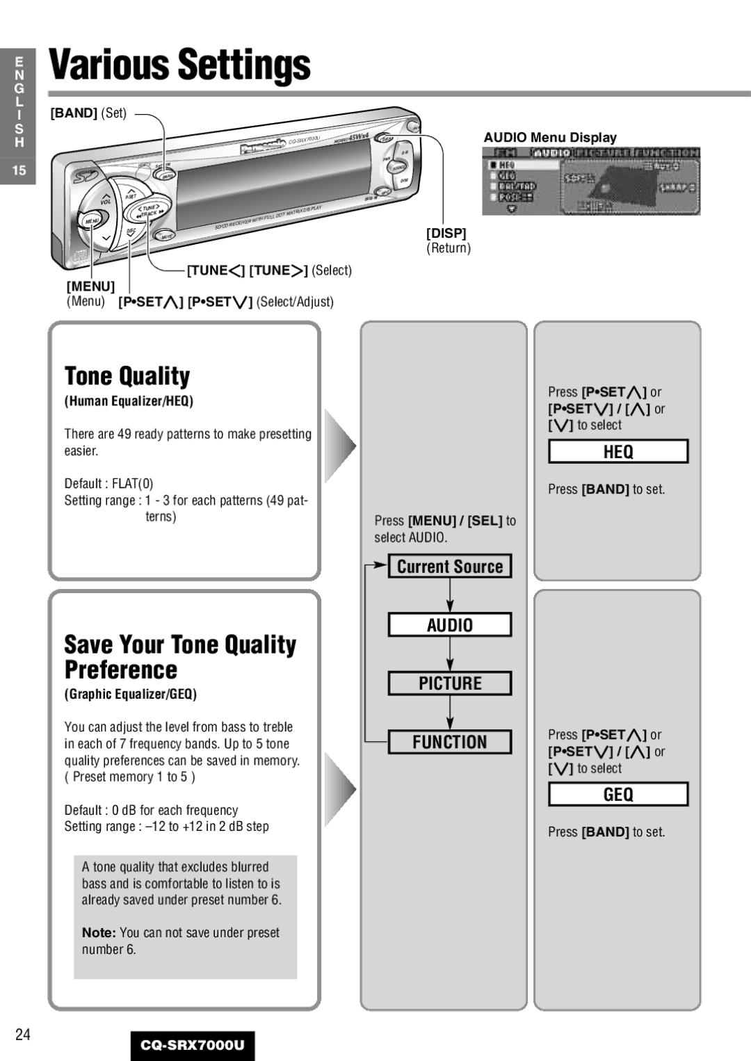 Panasonic CQ-SRX7000U manual Save Your Tone Quality Preference 