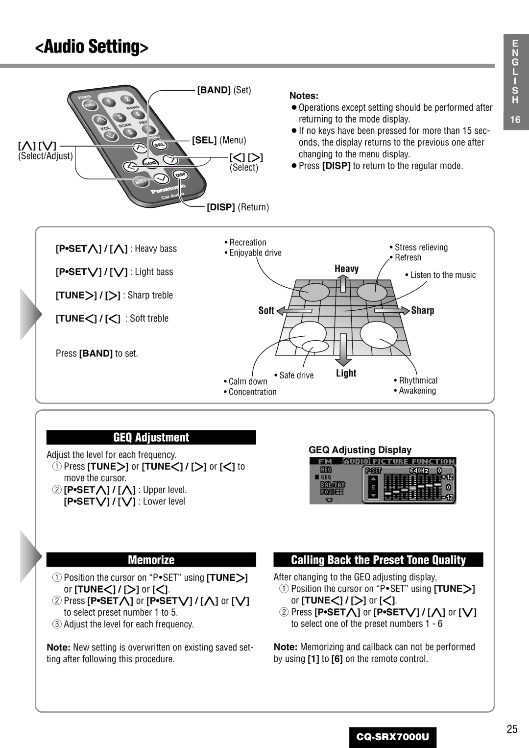 Panasonic CQ-SRX7000U manual GEQ Adjustment, Calling Back the Preset Tone Quality, Soft Sharp 